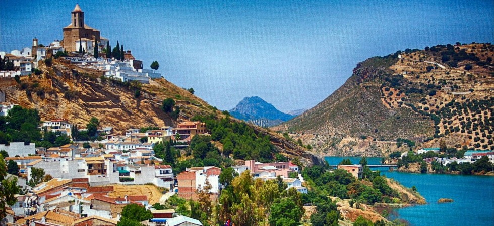 Iznajar with Castle, Church and Lake Iznajar Bridge